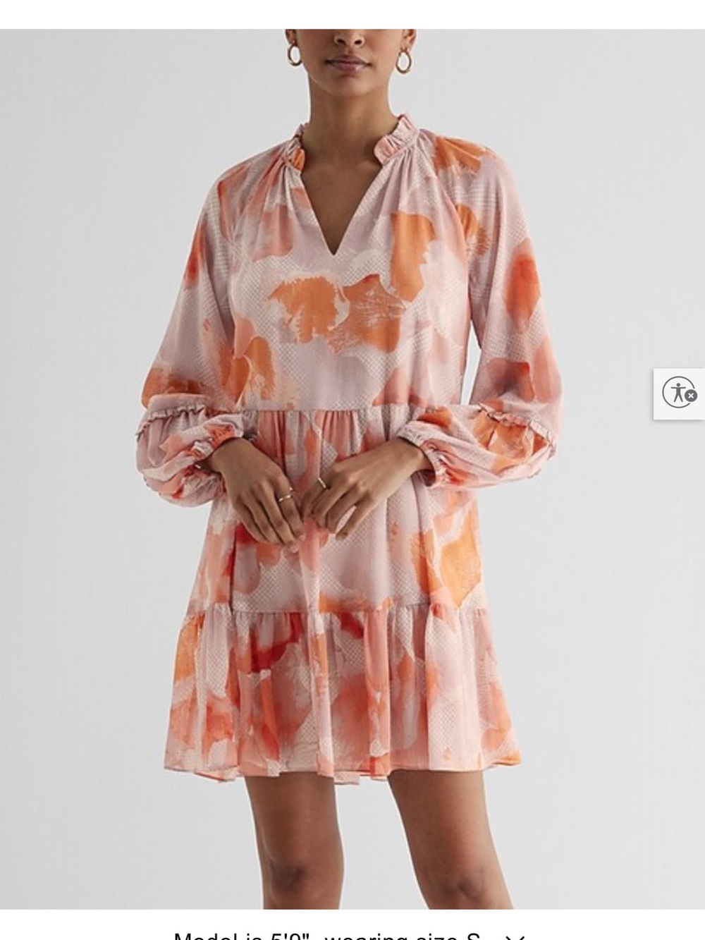 Express Peach and Coral Floral Tiered Long-Sleeve Mini Dress - Picture 2 of 3